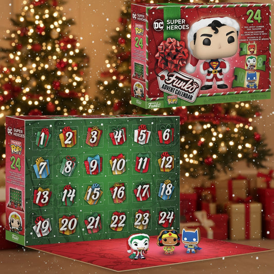 A themed Funko Pocket Pop! mini-figures advent calendar with DC Comics superheroes and villains characters displayed.