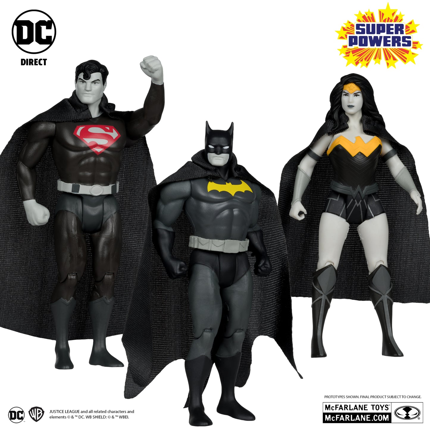 DC Super Powers Batman, Superman & Wonder Woman Black & White Accent Edition Gold Label 3pk SDCC Exclusive