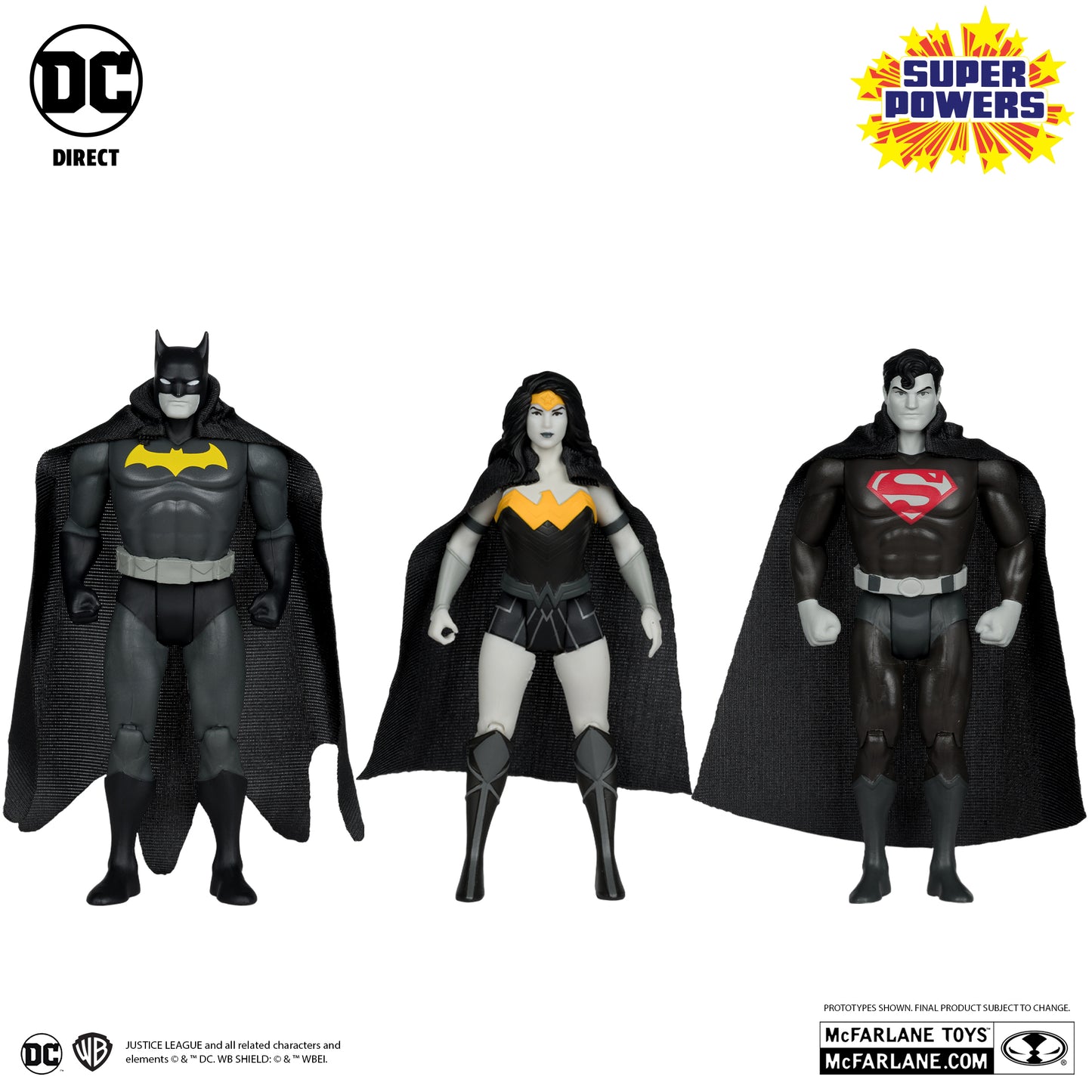 DC Super Powers Batman, Superman & Wonder Woman Black & White Accent Edition Gold Label 3pk SDCC Exclusive