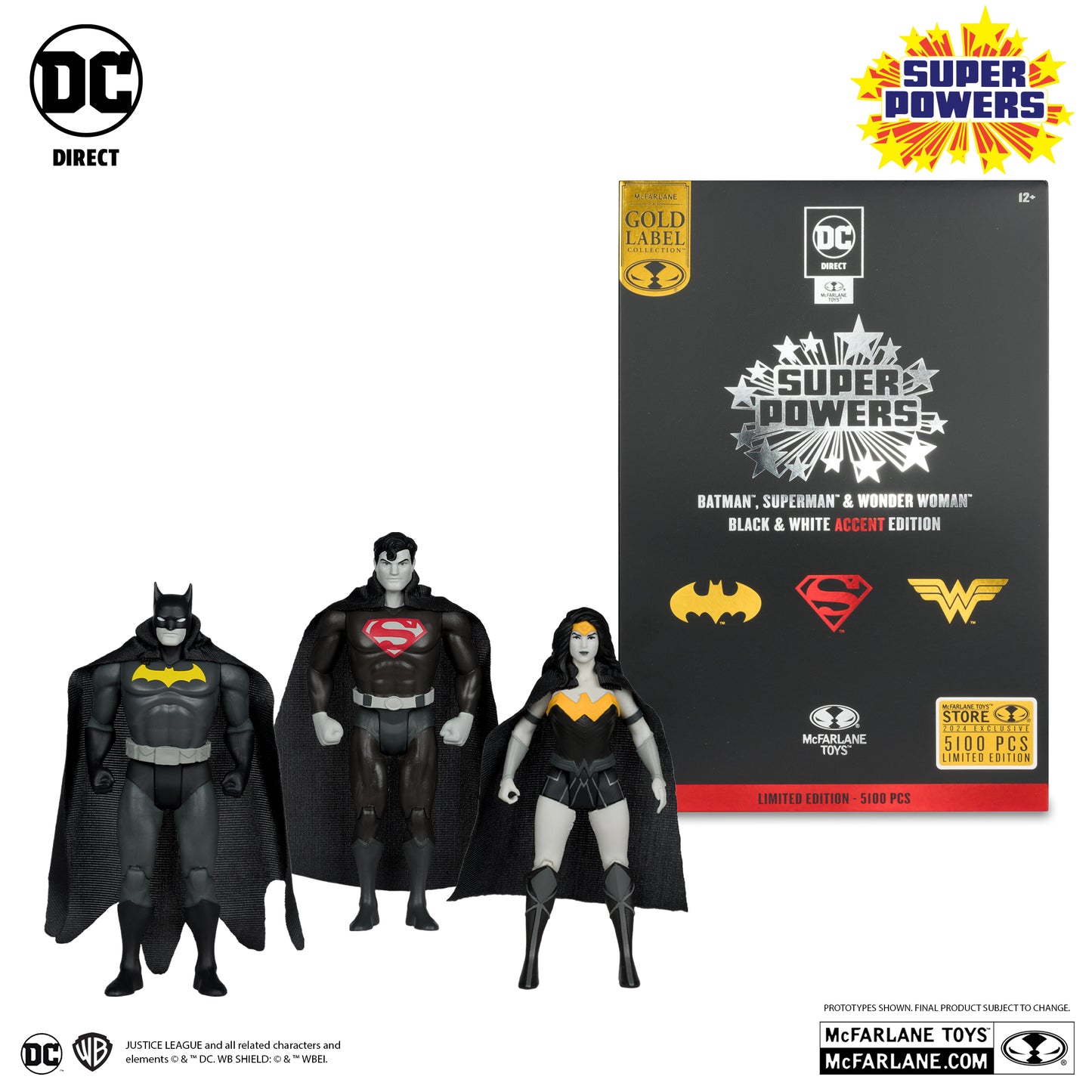 DC Super Powers Batman, Superman & Wonder Woman Black & White Accent Edition Gold Label 3pk SDCC Exclusive