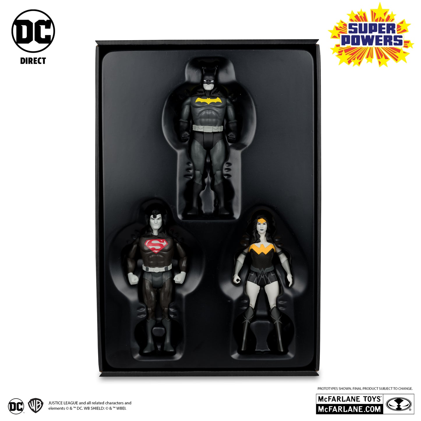 DC Super Powers Batman, Superman & Wonder Woman Black & White Accent Edition Gold Label 3pk SDCC Exclusive