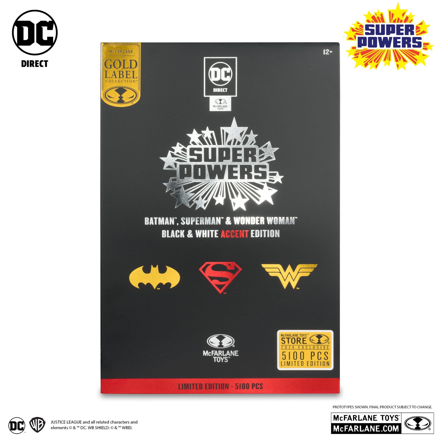 DC Super Powers Batman, Superman & Wonder Woman Black & White Accent Edition Gold Label 3pk SDCC Exclusive