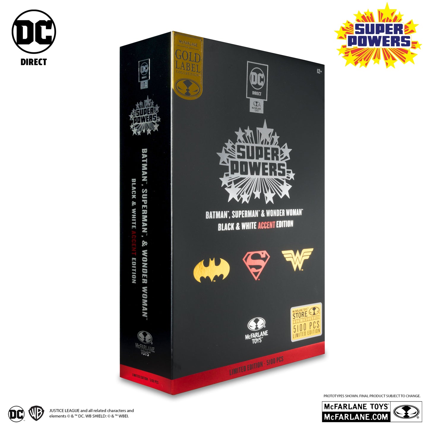 DC Super Powers Batman, Superman & Wonder Woman Black & White Accent Edition Gold Label 3pk SDCC Exclusive